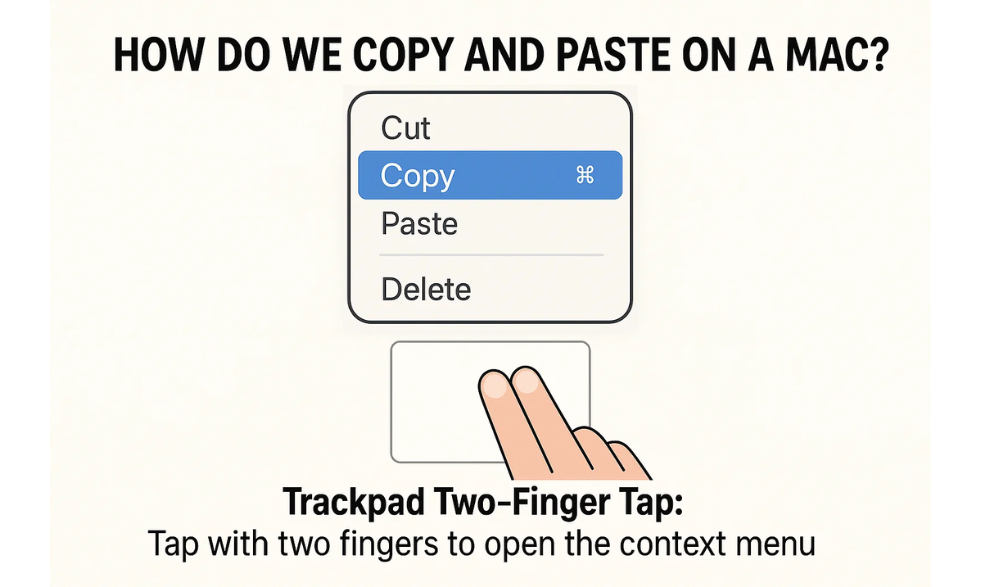 How Do We Copy and Paste on a Mac? Trackpad Two-Finger Tap: Tap with two fingers to open the context menu How Do We Copy and Paste on a Mac? Trackpad Two-Finger Tap: Tap with two fingers to open the context menu